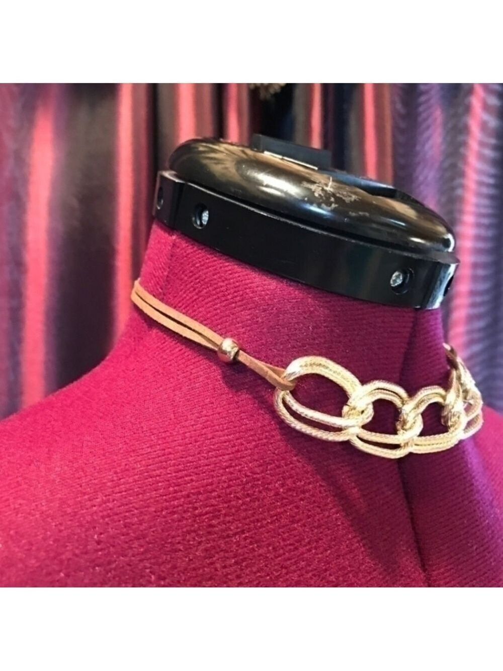 Gold Tone Chain Link Necklace With Faux Leather Strap Neck Accessory Jewelry New